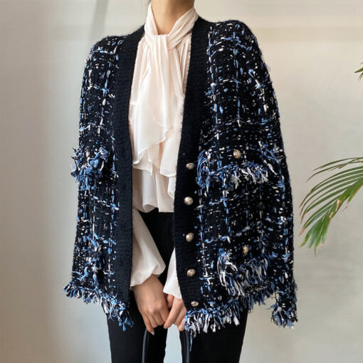 Chic Cardigan Fringe Blue White Threads Metal Buttons Pockets