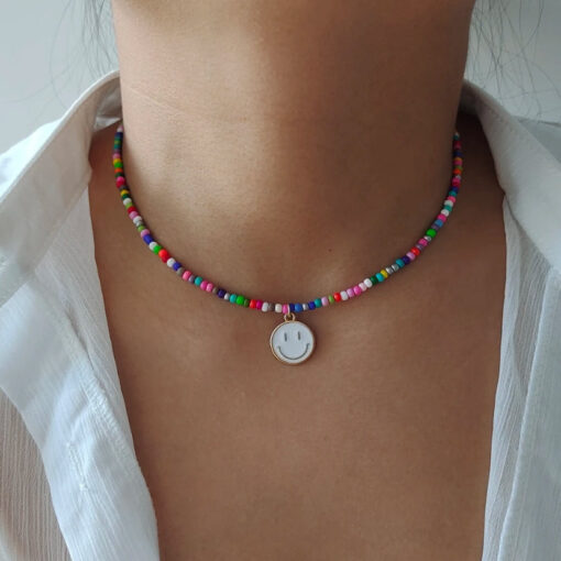 Choker Necklace Color Beaded Chain Smiley Face Pendant