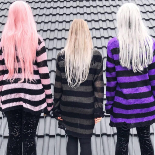 Dark Goth Streetwear Striped Knit Sweater Ripped Holes - Harajuku