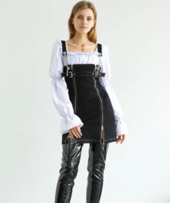 Denim Skirt With Suspenders Chain Stitching Zipper White Blouse - Harajuku