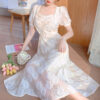 Elegant Midi Fairy Dress French Floral Pattern - Harajuku