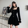 French Black Velvet Dress Retro Puff Sleeves Square Neck