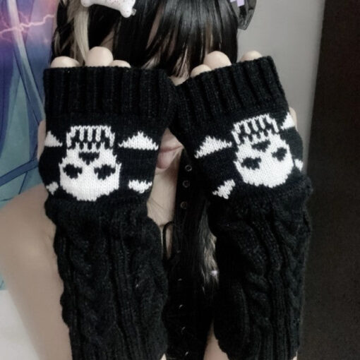 Gloves Half Toes Gothic Punk Style Black Skull - Harajuku