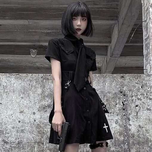 Gothic Punk Black Emo Dress with Tie - Harajuku
