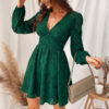 Green Lace Women Mini Dress Long Sleeve Plunging Neckline