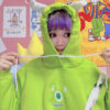Green Purple Bright Hoodie Fleece Sweatshirt Sweetheart Embroidery - Harajuku