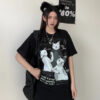 Grunge Black Tshirt Print Three Cats Letter Print - Harajuku