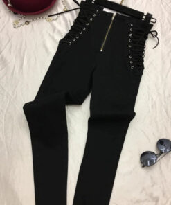 High Waist Skinny Jeans With Zipper Lace Up - Harajuku
