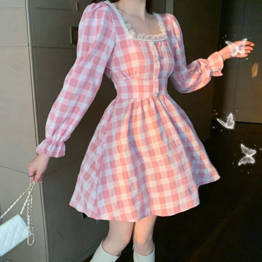 Hit Black Pink Plaid Fitted Dress - Harajuku