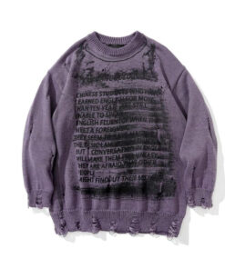 Holey Sweater Pullover New World Letter Print - Harajuku