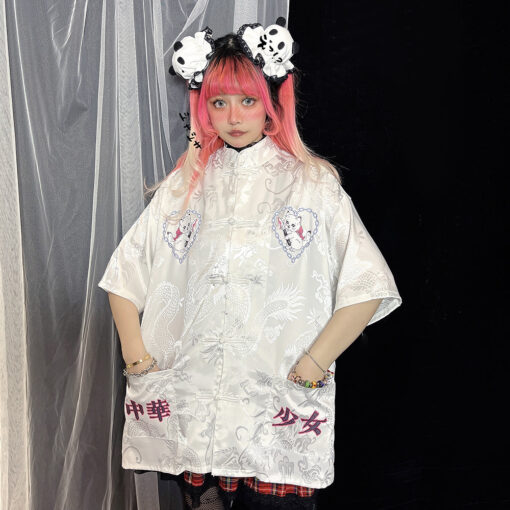 Japanese White Shirt Silk Characters Harajuku Style