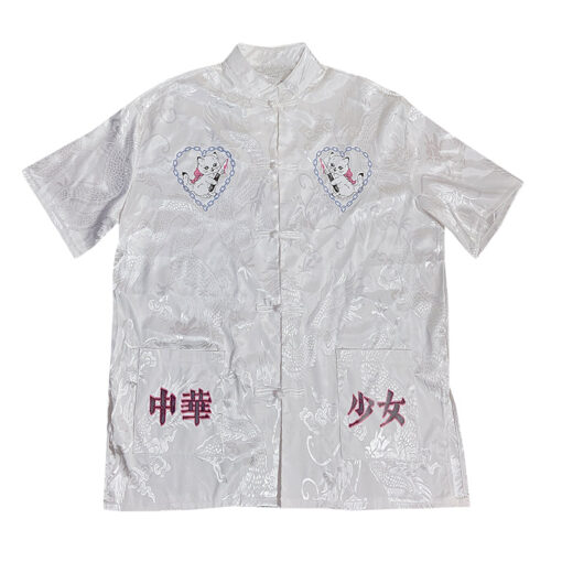Japanese White Shirt Silk Characters Harajuku Style