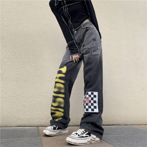 Jeans Hip Hop Style Print Checkered - Harajuku