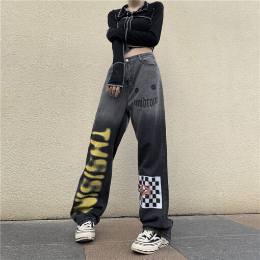 Jeans Hip Hop Style Print Checkered - Harajuku