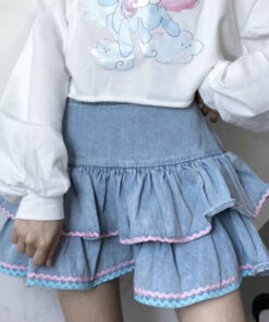 Kawaii Style Light Blue Denim Mini Skirt - Harajuku