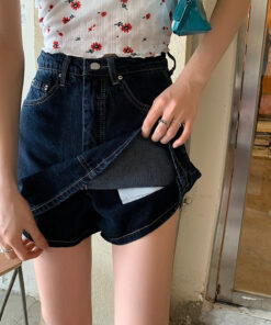 Navy Blue Denim Skirt A Line Shorts - Harajuku