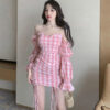 Pink Plaid Mini Dress Kawaii Long Lantern Sleeve