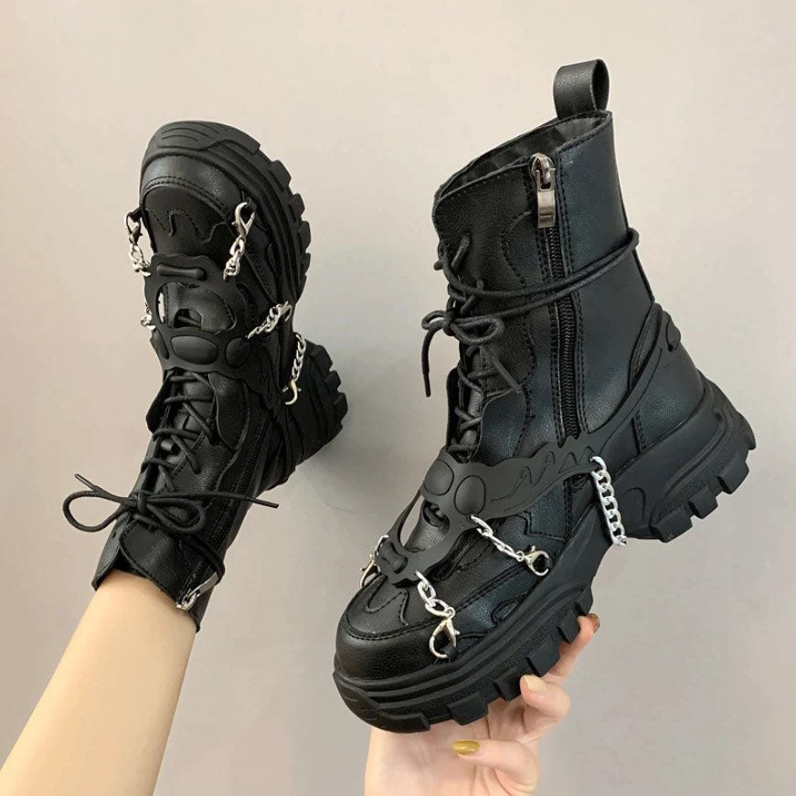 Punk Black Gothic Boots Chain Acc