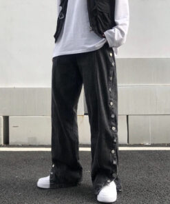 Street Jeans Pants Buttons Side - Harajuku