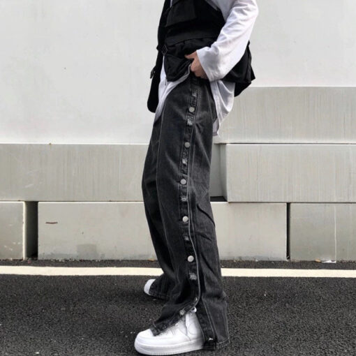 Street Jeans Pants Buttons Side - Harajuku