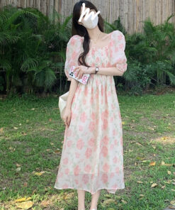 Summer Chiffon Floral Midi Dress Rose - Harajuku