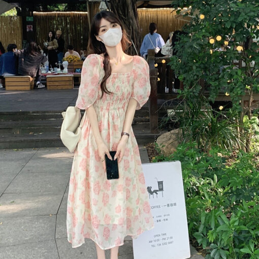 Summer Chiffon Floral Midi Dress Rose - Harajuku