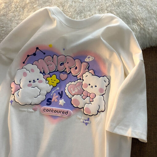 Sweet Kawaii Cotton T-shirt Embossed Teddy Bear Print