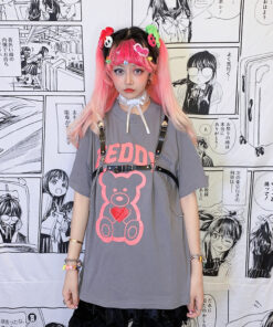 T-shirt Crew Neck Bear Heart Print - Harajuku