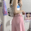 Wide Leg Kawaii Pink Jeans Low Rise - Harajuku