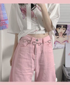 Wide Leg Kawaii Pink Jeans Low Rise - Harajuku