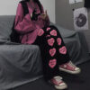Wide Leg Pants Pink Heart Print - Harajuku
