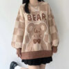 Winter Beige Brown Kawaii Bear Checkered Sweater