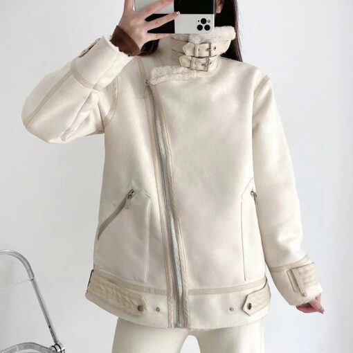 ZA Basic Jacket Suede Black Or White Cream Solo Color Sheep Fur