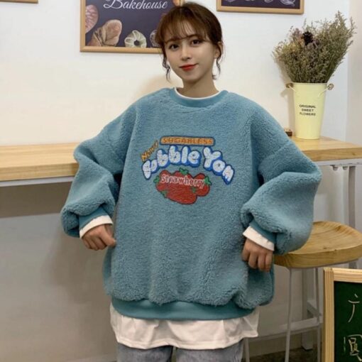 Aesthetic Fleece Sweatshirt Print Bubble Gum - Harajuku