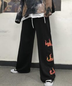 Black Pants Print Fire Flame - Harajuku