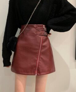 Black Red Wine Leather Zipper Skirt - Harajuku
