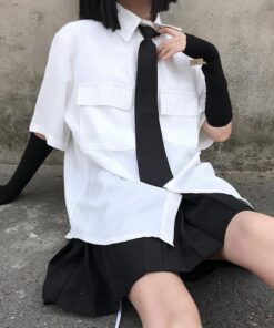 Black White Shirt Chest Pockets - Harajuku