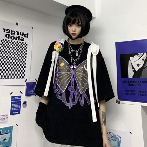 Black White Tshirt Punk Butterfly - Harajuku