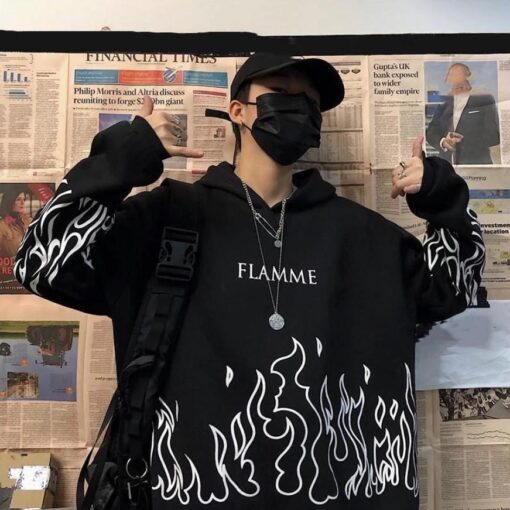 Black White Warm Sweatshirt Flame Print - Harajuku