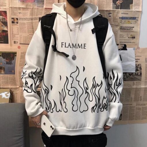 Black White Warm Sweatshirt Flame Print - Harajuku