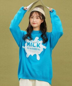 Blue White Knitted Sweater Milk - Harajuku
