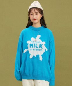 Blue White Knitted Sweater Milk - Harajuku
