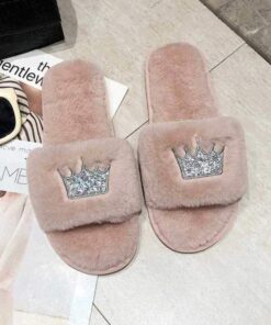 Fur Slippers Embroidery Crown - Harajuku