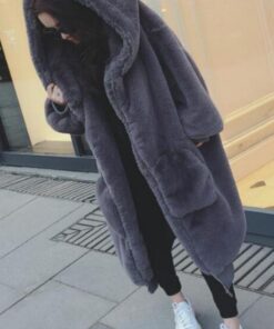 Hong Kong Fur Coat with Hood Zipper Pockets - Harajuku