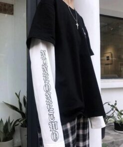 Japanese Black T-shirt Long White Sleeve - Harajuku
