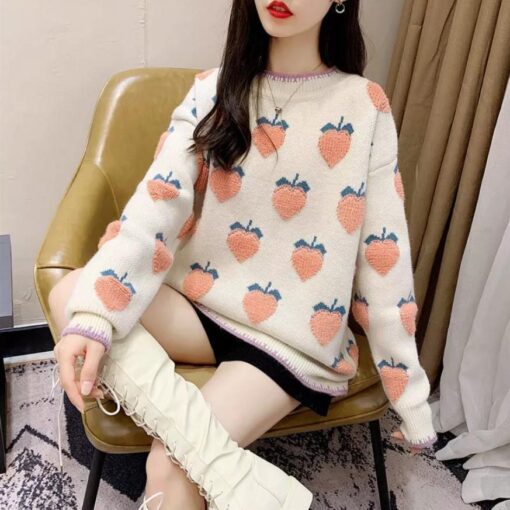 Knit Knitted Sweater Peach Strawberry - Harajuku