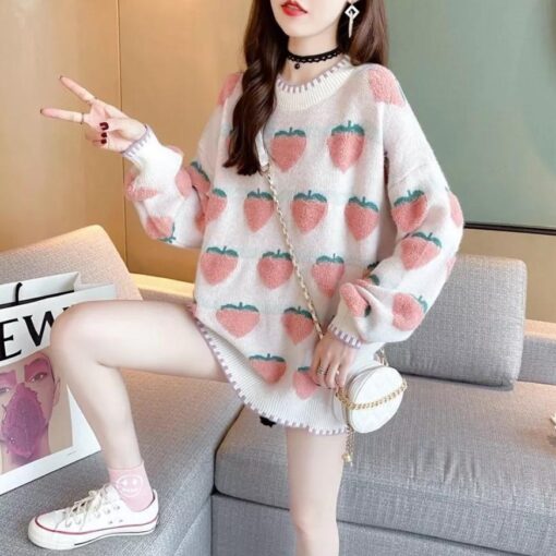 Knit Knitted Sweater Peach Strawberry - Harajuku