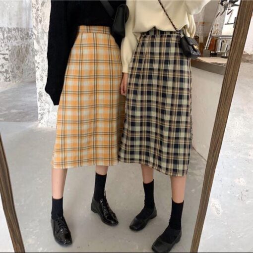 Long Skirt Plaid Color Coffee Honey - Harajuku
