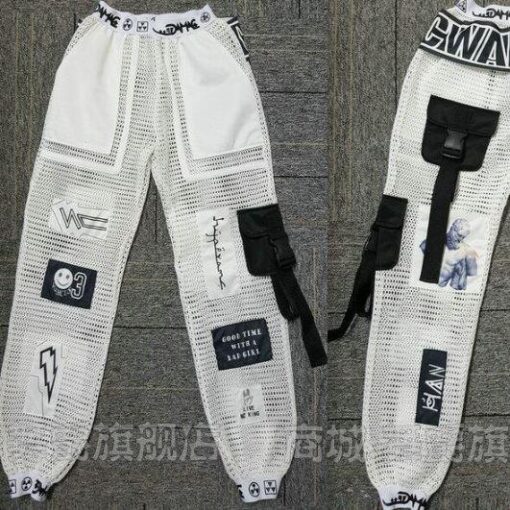 Pants White Black Mesh - Harajuku