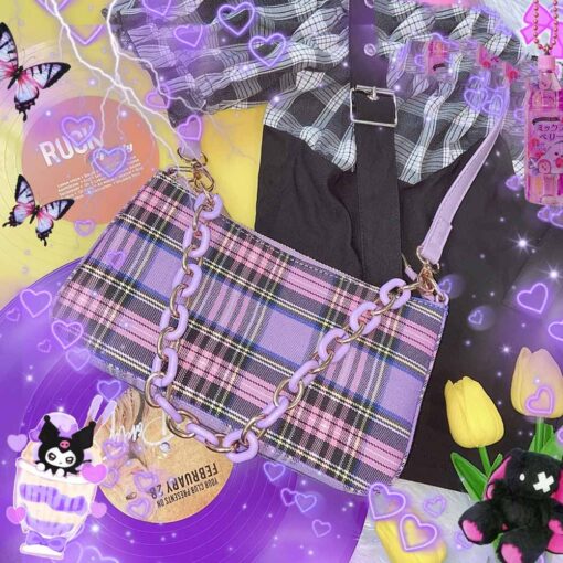 Purple Tote Bag Plaid Chain Acrylic - Harajuku
